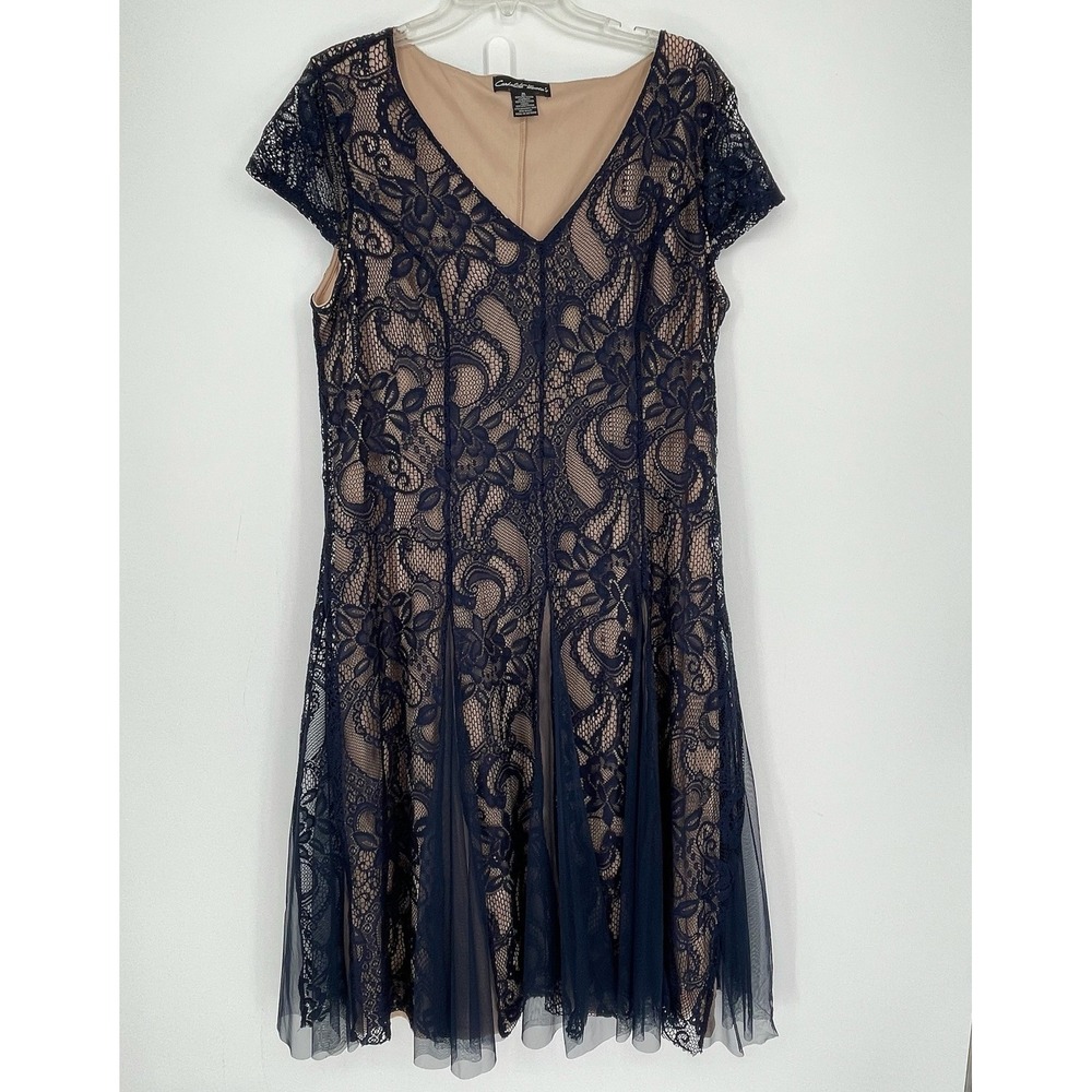 Candalite Women's Navy‎ Lace Overlay V-Neck Fit & Flare Party Dress Plus Size 1X